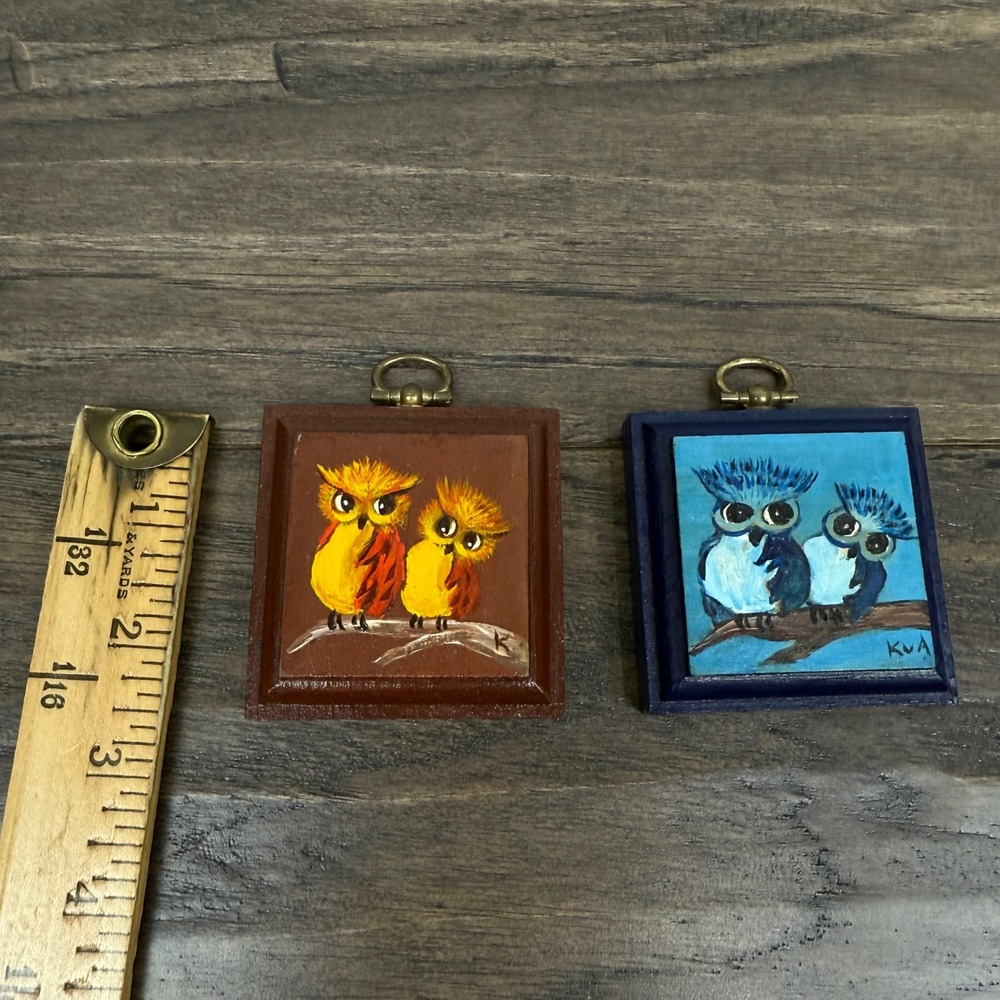 Set of 2 Vintage Hand Painted Owl Mini‎ Wall Art Wood Frames KVA Signed - Picture 6 of 6